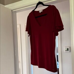 Calvin Klein Rich Red V-Neck Blouse with flattering ruffle sleeves